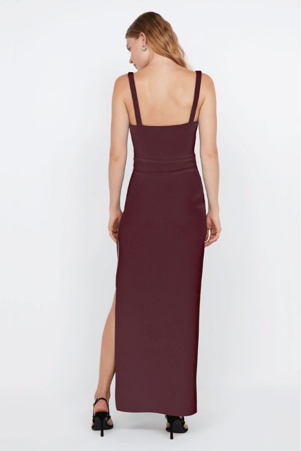 Leora Tuck Maxi Dress Plum by Bec + Bridge – A sleek bonded crepe maxi with elegant waist tucks and a side leg split, perfect for sophisticated evening occasions.