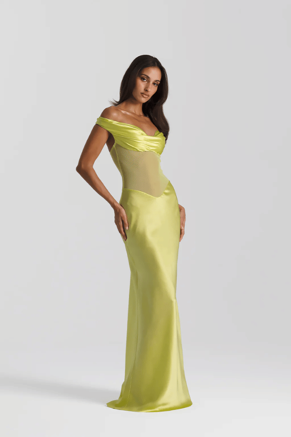 Gwyneth Gown Chartreuse by Natalie Rolt – Sculptural silk and mesh gown handcrafted in Australia for striking, modern occasionwear