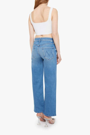 Mid Rise Rambler Zip Ankle in Out Of The Blue by MOTHER, mid-rise jeans with wide straight leg, ankle-length fit, and soft faded blue wash.