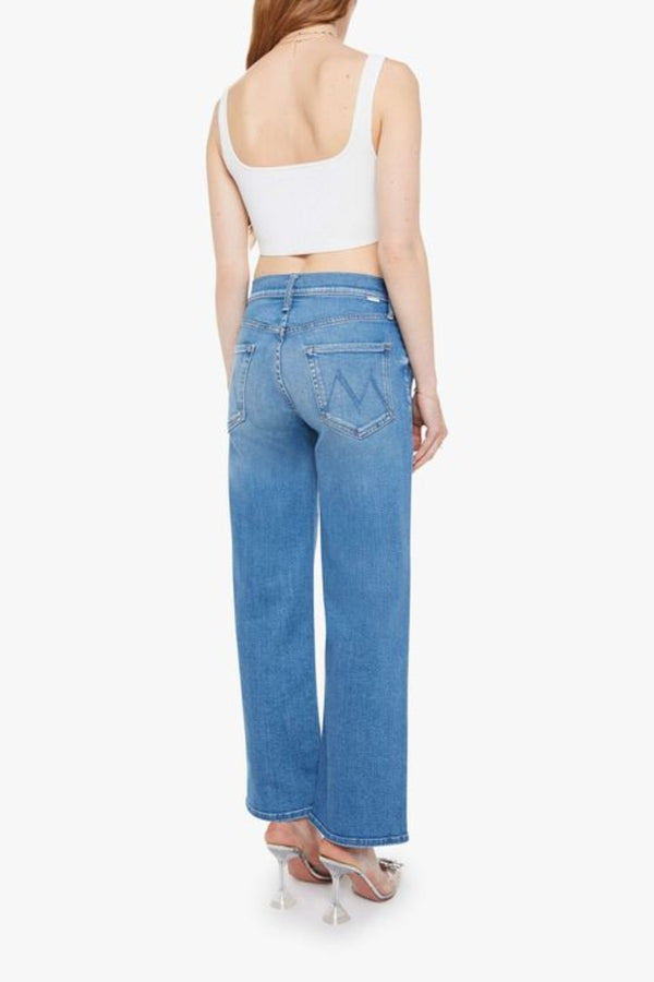 Mid Rise Rambler Zip Ankle in Out Of The Blue by MOTHER, mid-rise jeans with wide straight leg, ankle-length fit, and soft faded blue wash.