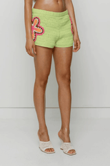 Elke Crochet Short Lime by The Wolf Gang, artisan-made cotton shorts with floral crochet detail, perfect paired or styled solo for sunny days.