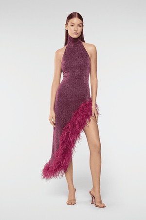 Lumiere Plumage Turtleneck Dress Aubergine by Oséree – A dazzling mini with ostrich feather trim and metallic sheen, perfect for show-stopping events or gala nights.