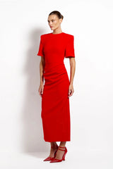 Evie Midi Cherry Red by Effie Kats, ruched stretch crepe midi dress, perfect for elegant evening styling