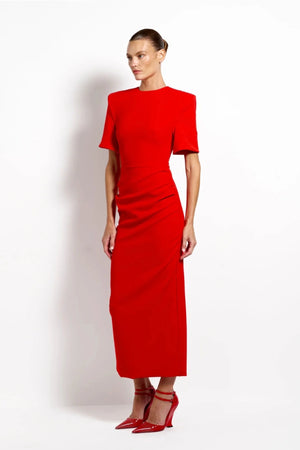 Evie Midi Cherry Red by Effie Kats, ruched stretch crepe midi dress, perfect for elegant evening styling