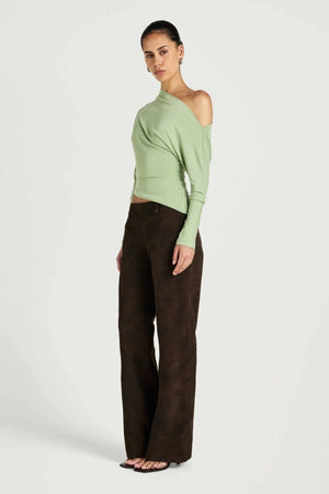 Enya Long Sleeve Top Pear by Benni, off shoulder jersey top with twist hem, perfect for elevated day to night styling