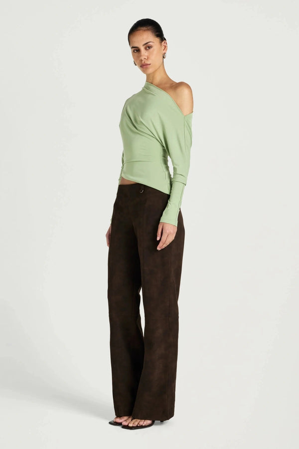 Enya Long Sleeve Top Pear by Benni, off shoulder jersey top with twist hem, perfect for elevated day to night styling