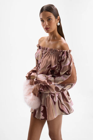 Chloe Mini Dress Deco Mocha by Cin Cin, off shoulder satin mini dress in mocha print, perfect for resort evenings
