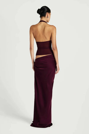 Ira Maxi Dress by Benni, halter mesh and satin maxi dress with chiffon shawl, perfect for evening events