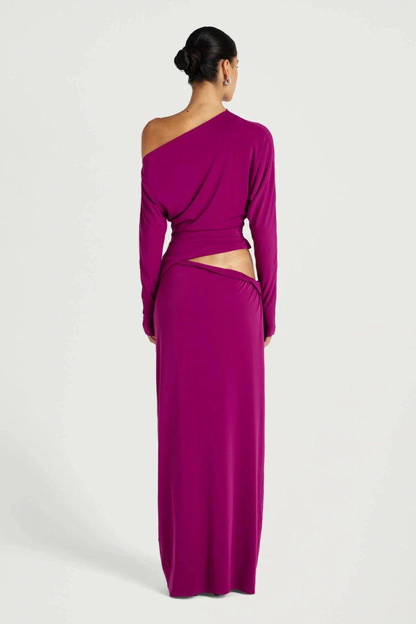 Fuchsia Maxi Dress by Benni, off shoulder jersey gown with twist waist, perfect for events or evening styling