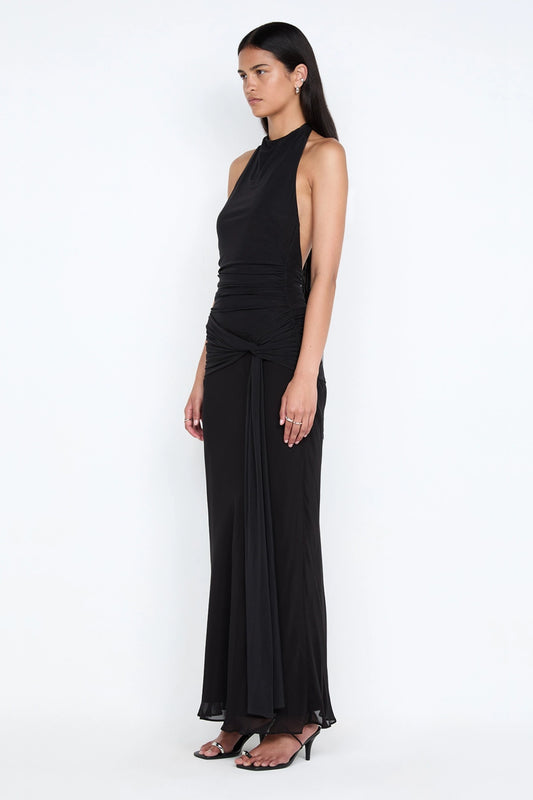 Jasmin Halter Dress Lemon Sorbet by Bec + Bridge, halter maxi dress with low back, perfect for weddings or evening styling