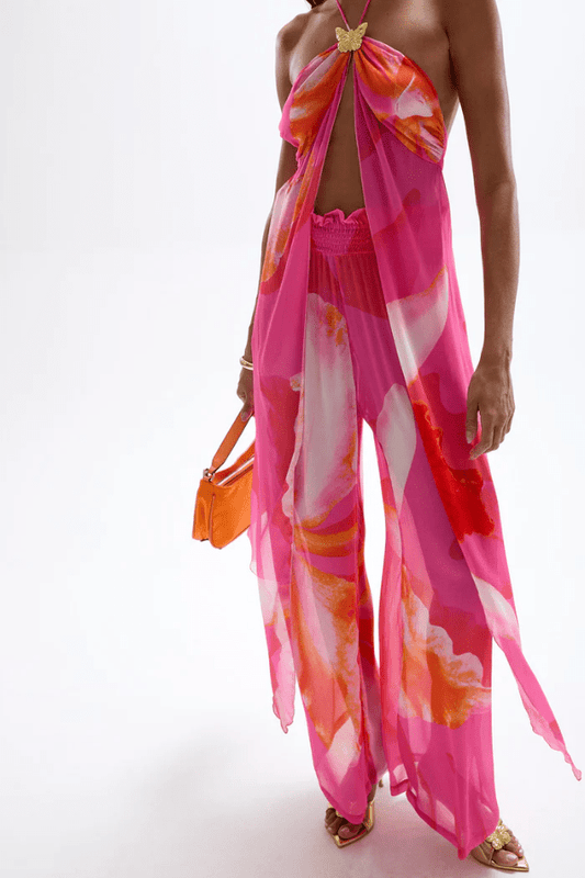 Coral Drape Top Wildflower by Cin Cin, delicate halter-neck with gold clasp and watercolor Wildflower print, perfect for trendy viral soirées and luxe poolside style.