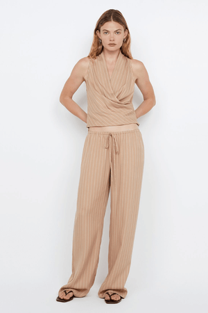 Almeria Wrap Top Camel Stripe by Bec + Bridge – Trendy wrap top with draped V-neck and racer back, perfect for effortless warm-weather elegance and viral summer looks.