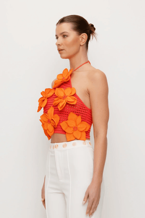 La Monada Knit Top Coral by The Wolf Gang, a bold and trendy piece with asymmetric neckline and cut-outs, crafted from soft ribbed knit, perfect for elevated, fashion-forward looks.