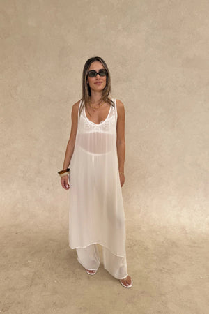 Sheer Tunic Dress White by Sneaky Link, a sheer viscose tunic with fluid drape and relaxed fit, perfect for layering on vacation or events