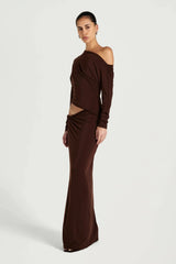 Enya Maxi Dress Chocolate by Benni, off shoulder jersey gown with twist waist, perfect for events or evening styling