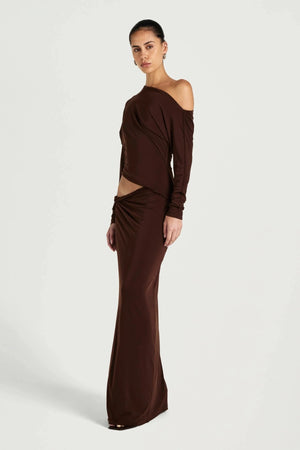 Enya Maxi Dress Chocolate by Benni, off shoulder jersey gown with twist waist, perfect for events or evening styling