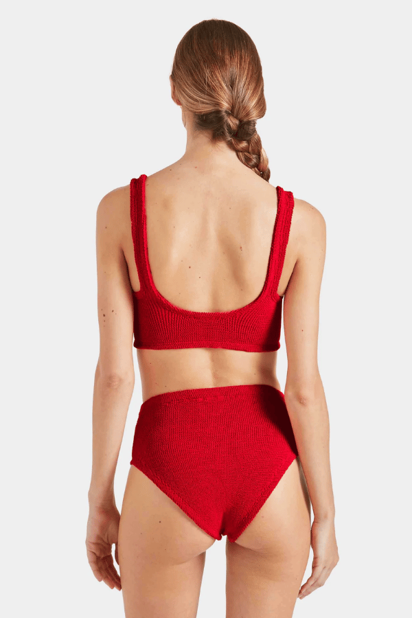 Nadine Bikini With Tonal Hoops Red by Hunza G – Flattering one-size bikini with high-waisted bottoms, tonal hoops, and full bust support.