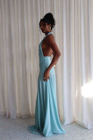 Ambrose Baby Blue by Deconduarte, halter maxi dress with ruched bodice and shimmer finish, elegant gown for formal events.