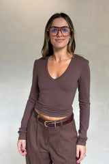 Aria V Neck Long Sleeve Chocolate by Sneaky Link, slimming stretch long sleeve top for elevated everyday wear