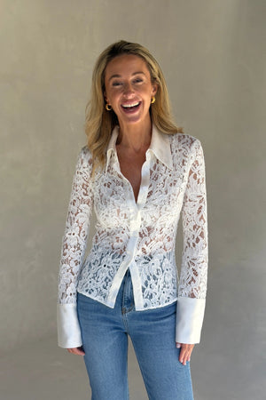 Emilie Lace Long Sleeve Shirt White by Sneaky Link, floral lace shirt with contrast collar, cuffs and sheer sleeves.