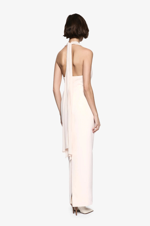 The Capezza Silk Dress by MISHA, a halter midi dress with plunge neckline, silk wrap, and open back. Perfect for elevated evenings.