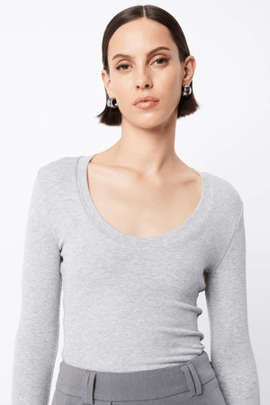 Lincoln Top Grey Marle by Mossman, soft double-layer ribbed jersey with scoop neckline and thumb-hole sleeves, perfect for trendy viral trans-seasonal layering and sleek styling.