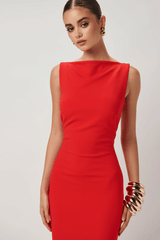 Verona Gown Red by Effie Kats – Stretch-crepe gown with high neckline and ‘90s-inspired fit, made for sleek evening dressing.