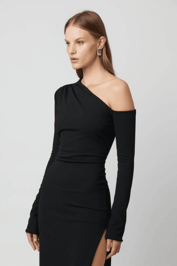 Effie Kats Cayley Gown, an off-shoulder stretch crepe gown with a sleek silhouette and side split for timeless evening elegance.