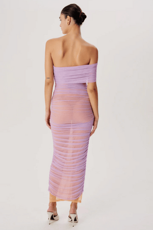 Lucia Dress Lavender Sherbert by Ronny Kobo – A strapless mesh dress with a figure-hugging fit and semi-sheer finish for sultry sophistication.