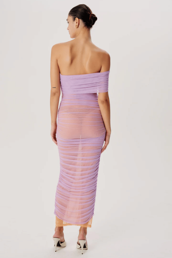Lucia Dress Lavender Sherbert by Ronny Kobo – A strapless mesh dress with a figure-hugging fit and semi-sheer finish for sultry sophistication.