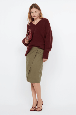 Campbell V Neck Jumper Plum by Bec + Bridge – Soft mohair blend knit with a flattering V neckline, ribbed collar and cuffs. Relaxed fit with dropped shoulders and pull-on style. Cold hand wash.