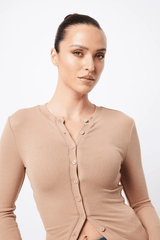 Lyon Cardigan Camel by Mossman, soft double-layer ribbed jersey with round neckline and thumb holes, perfect for trendy viral layering and cozy day-to-night wear.