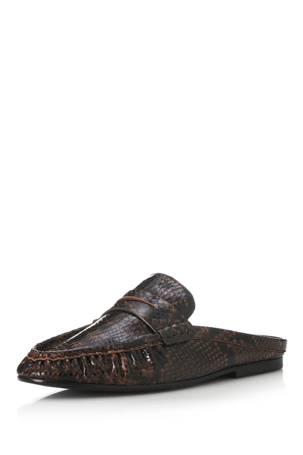 Ivy Choc Snake by Alias Mae, backless leather loafers with a chic chocolate snake texture, blending polish and modern ease.