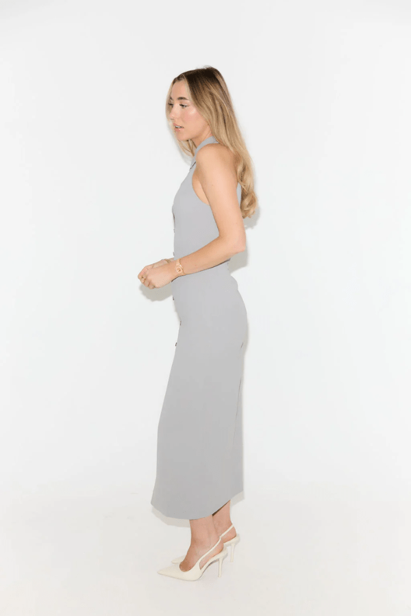 The Ultimate Muse Collar Maxi Dress Grey by Odd Muse – A sleek, trendy maxi with sharp collar, button-down front, and front slit, perfect for summer dinners and holiday looks.