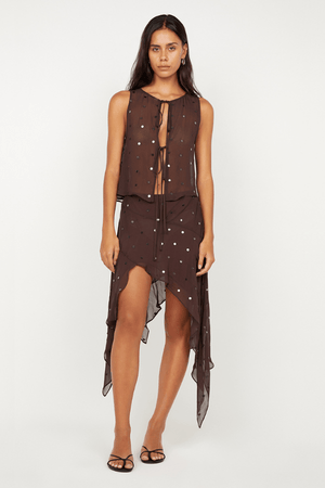 Arielle Asym Skirt Dark Chocolate Sequin by Bec + Bridge, shimmering midi with asymmetric hem. Perfect for cocktails, galas, and glam nights.