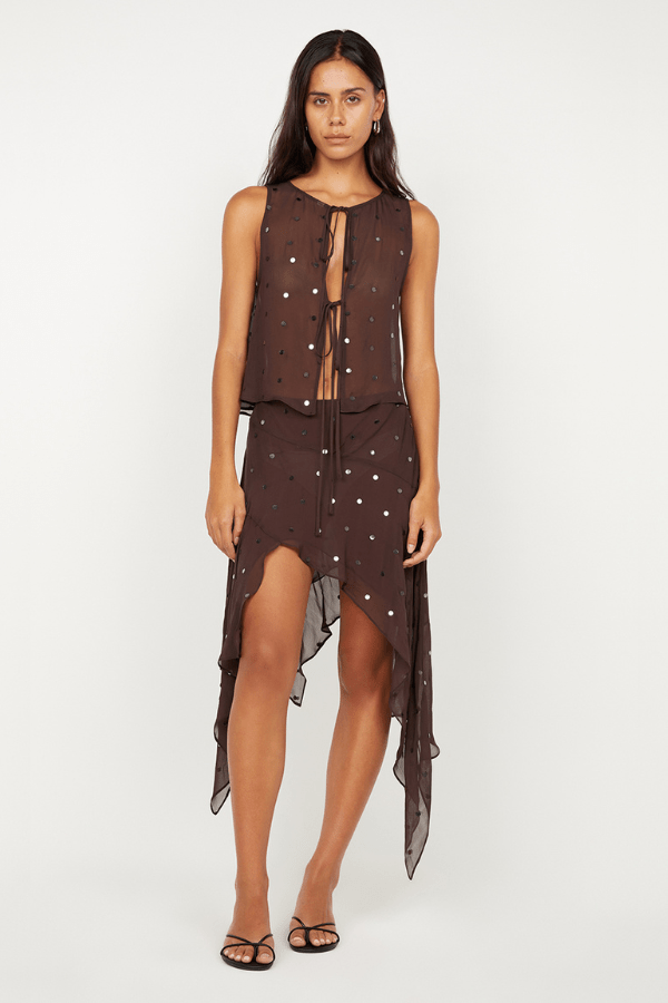 Arielle Asym Skirt Dark Chocolate Sequin by Bec + Bridge, shimmering midi with asymmetric hem. Perfect for cocktails, galas, and glam nights.