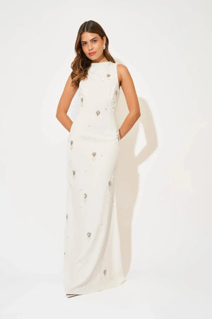 Crystal Maxi Dress by Odd Muse, a white bridal maxi with crystal and pearl detailing, high neckline and elegant fitted silhouette.
