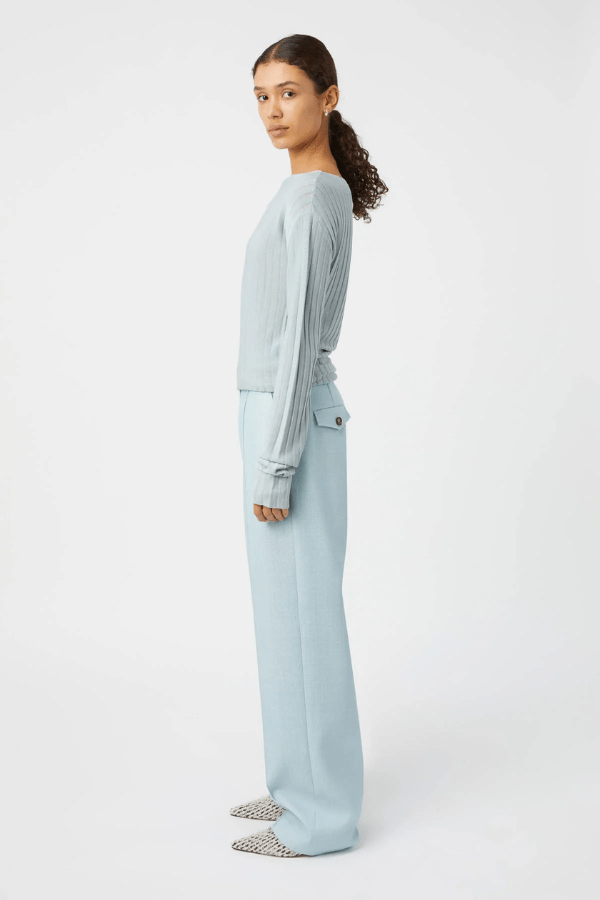 Gehry Pant Chalky Blue by Camilla and Marc, tailored mid-rise wool pant with pintuck detail, flap pockets, and a sleek, structured silhouette.