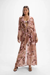 Fortune Robe Deco Mocha by Cin Cin – floor length kimono robe dress in soft mocha pink printed viscose.