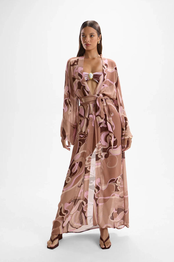 Fortune Robe Deco Mocha by Cin Cin – floor length kimono robe dress in soft mocha pink printed viscose.