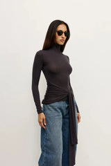 Isley Top Charcoal by Bayse, ruched fitted top with high neckline and sculptural tie waist detail