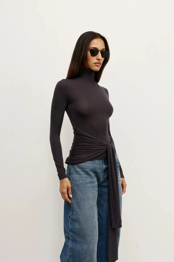 Isley Top Charcoal by Bayse, ruched fitted top with high neckline and sculptural tie waist detail