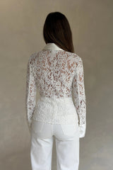 Emilie Lace Long Sleeve Shirt White by Sneaky Link, floral lace shirt with contrast collar, cuffs and sheer sleeves.