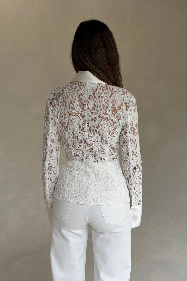 Emilie Lace Long Sleeve Shirt White by Sneaky Link, floral lace shirt with contrast collar, cuffs and sheer sleeves.