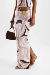Reverie Halo Maxi Skirt by Cin Cin, a Mars Beige split maxi in sculpted stretch fabric. Perfect for statement sets or solo evening wear.
