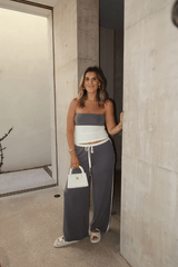 Hunter Tube Top Steel/Ivory by Sneaky Link – Sleek strapless top with contrast neckline and ruched sides. Perfect for trendy coordinated looks and viral summer vibes.