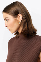Quiet Force Midi Dress by Mossman in cacao, ribbed knit with turtleneck and flared skirt for sleek, sculpted day-to-night dressing.