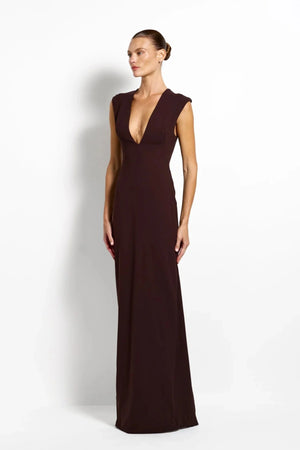 Analie Gown Coffee by Effie Kats, deep V neck maxi dress with sleek fit, perfect for formal events and evening styling