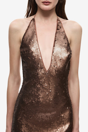 The Plunge Sequin Jersey Maxi Dress Mocha