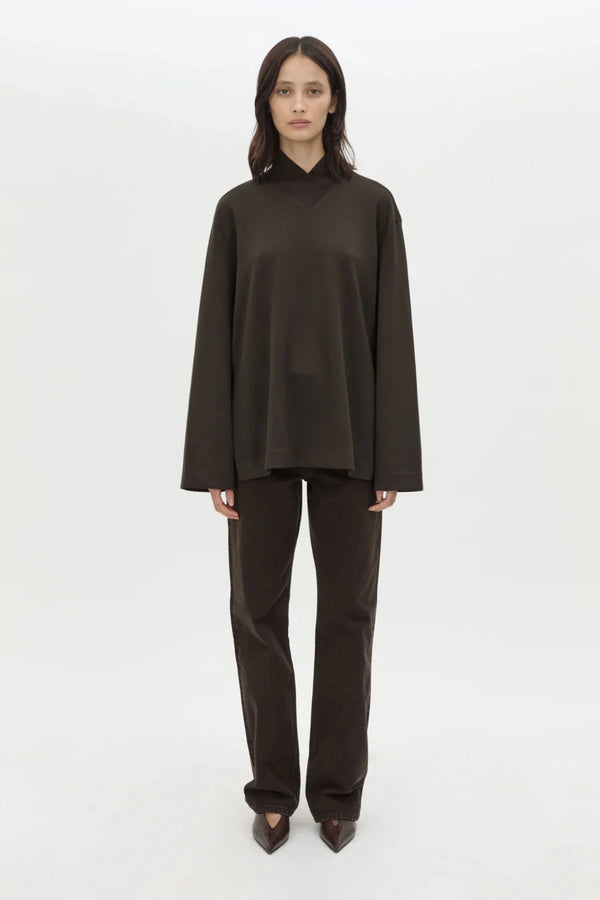 Bessette Long Sleeve Top in Espresso by Camilla and Marc, a sleek high-neck layer with side splits and tonal seam detailing.